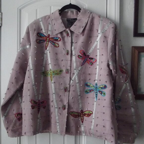 Vintage Jacket Daniel K NY Pink Cotton Jacket with Butterfly applique LARGE - Picture 1 of 15